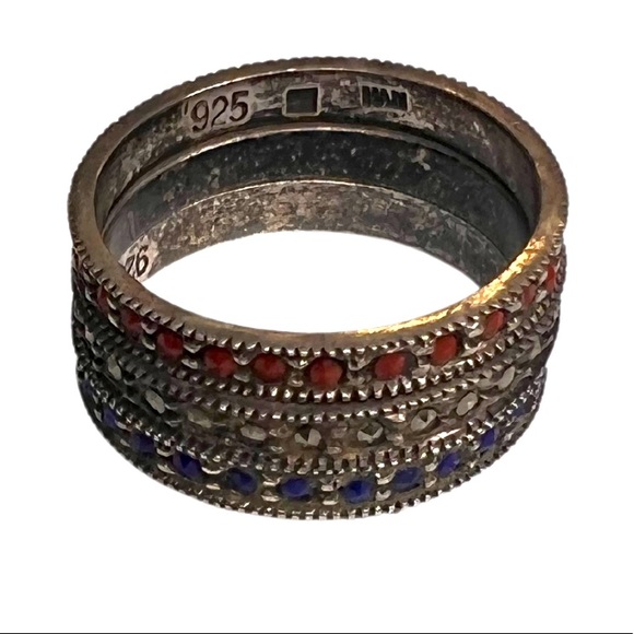 Vintage Sterling Silver Red White & Blue Paved Gemstone Stackable Band Rings - Picture 2 of 7